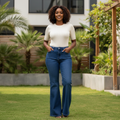 High-Waist Boyfriend Dark Blue Denim Jeans - Model Front View