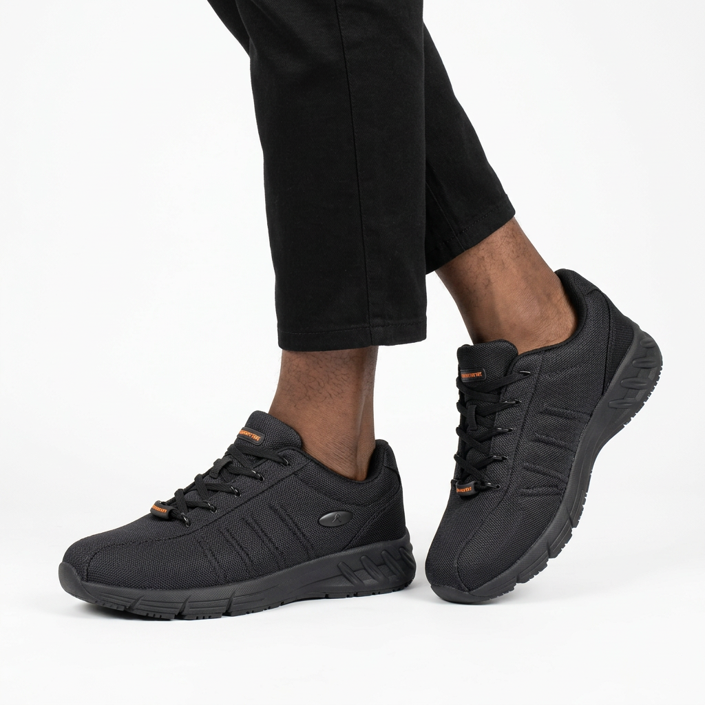 Black mesh sneakers worn by a Nigerian male model with both feet visible