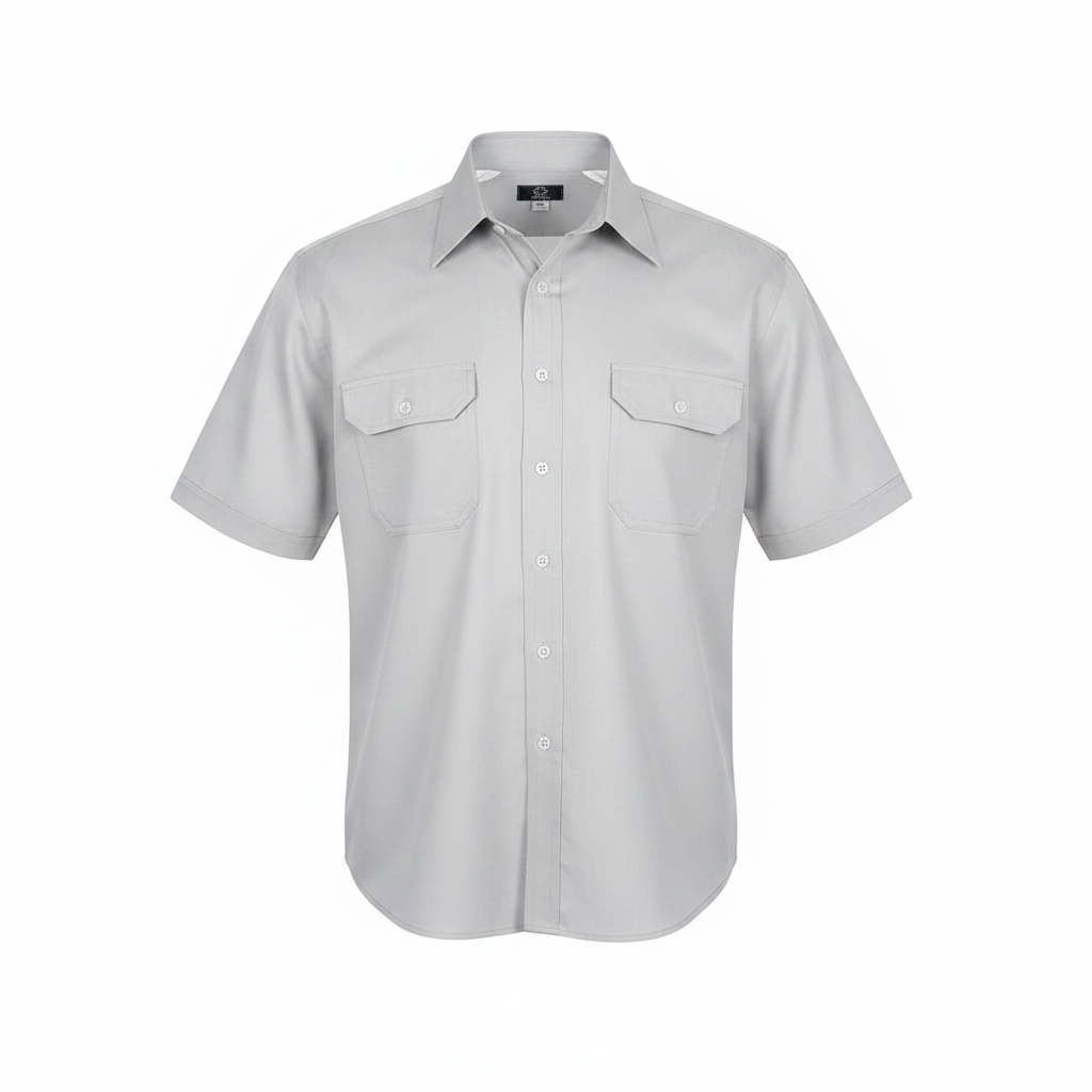 Ghost mannequin of light grey solid short-sleeved shirt on white background