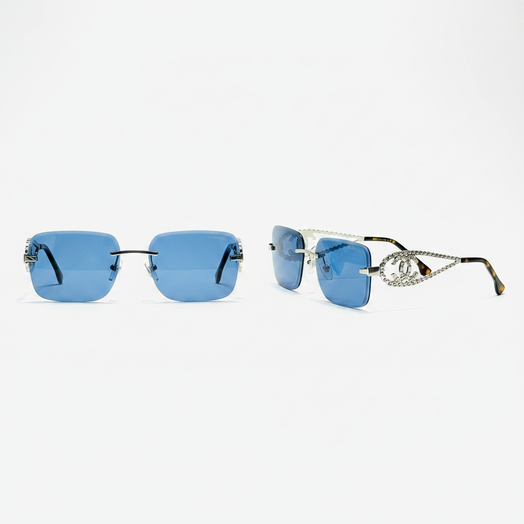 Unisex blue lens rimless square sunglasses with silver chain-link temple arms – front and side view