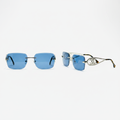Unisex blue lens rimless square sunglasses with silver chain-link temple arms – front and side view