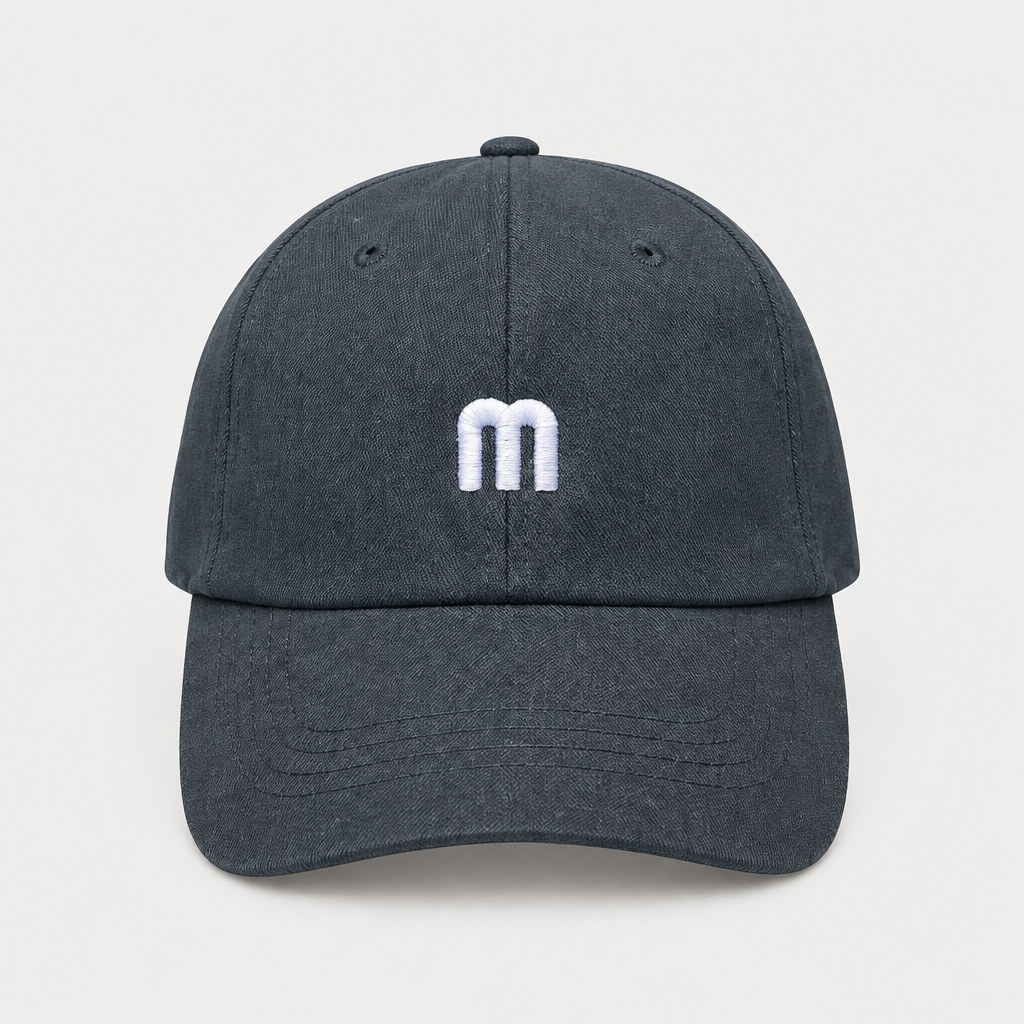 Charcoal baseball cap with small white embroidered detail, front view