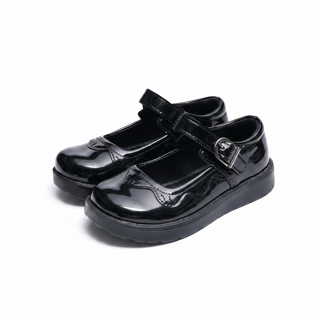 Girls' black patent Mary Jane school shoes with wingtip toe cap and platform sole — ghost mannequin complete pair