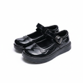 Girls' black patent Mary Jane school shoes with wingtip toe cap and platform sole — ghost mannequin complete pair
