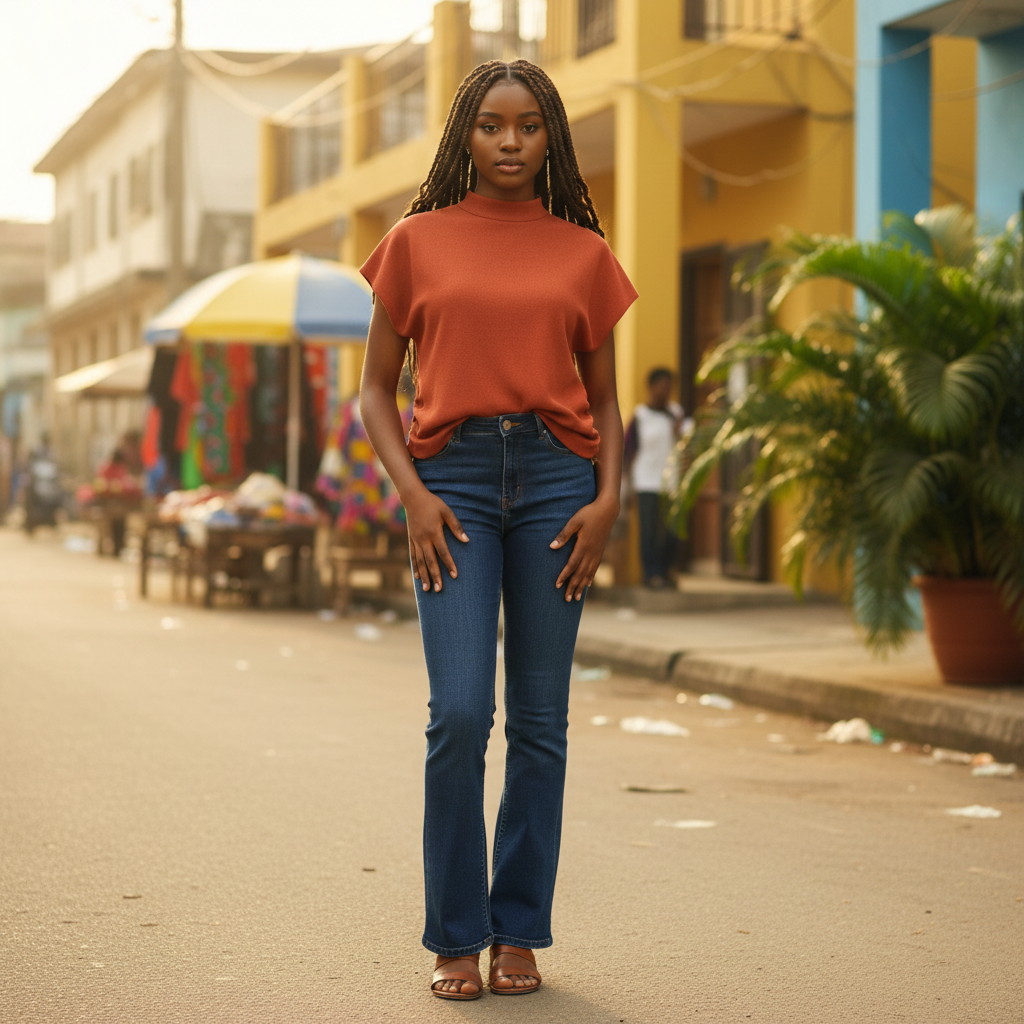 Young Nigerian female wearing rust mock neck ribbed cap sleeve top