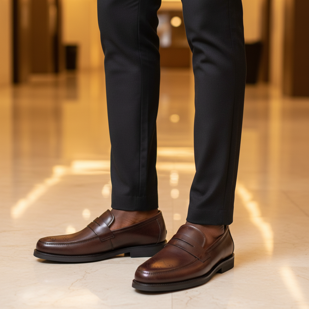 Nigerian male model wearing Clarks dark chocolate brogue penny loafers, tight zoomed-in smart-luxury leg focus lifestyle shot