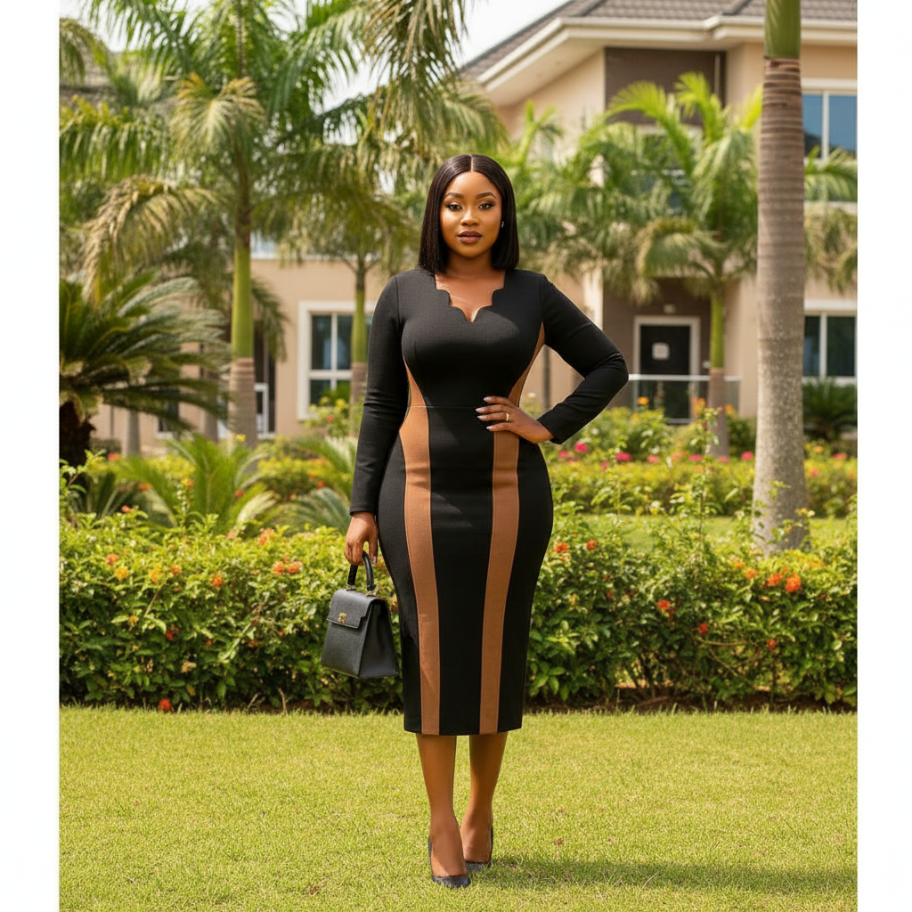 Nigerian female model wearing black and brown scallop neck colour-block bodycon midi dress