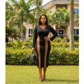Nigerian female model wearing black and brown scallop neck colour-block bodycon midi dress
