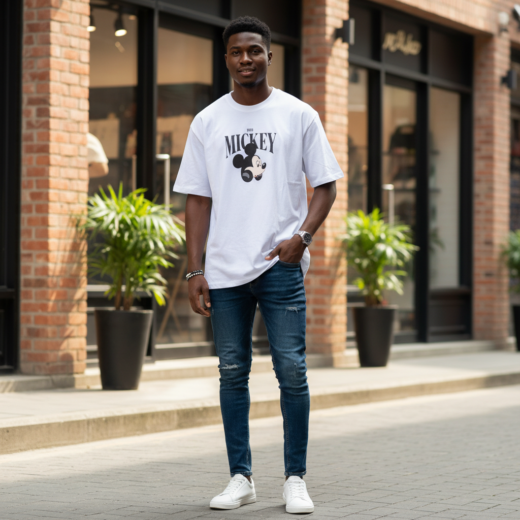 Young Nigerian male model wearing white Mickey Mouse 1928 graphic oversized tee