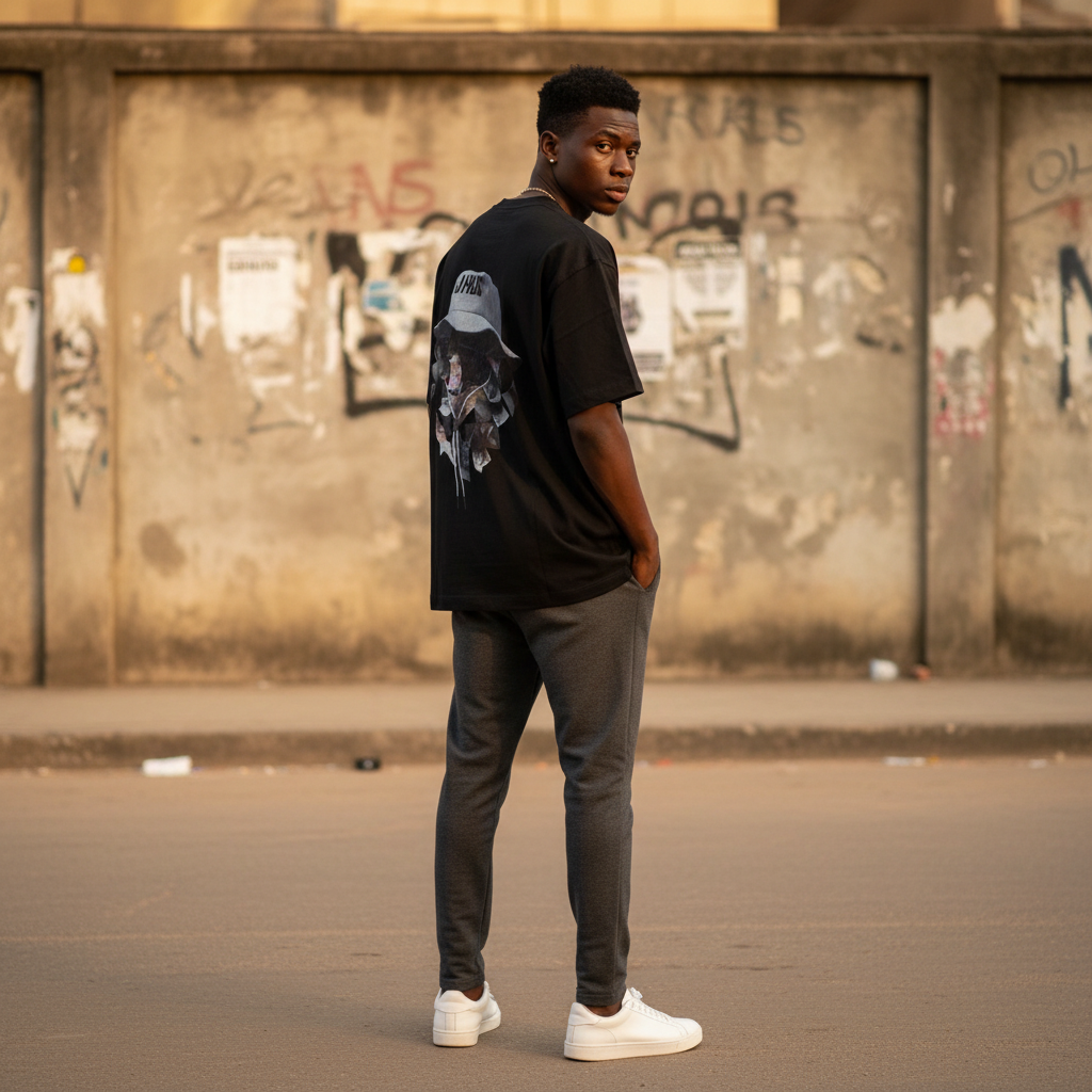 Model wearing black JHUS graphic tee