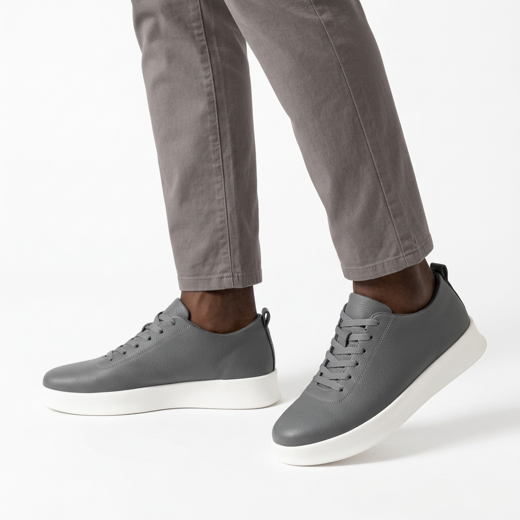 Both grey white-sole sneakers worn by a Nigerian male model on white
