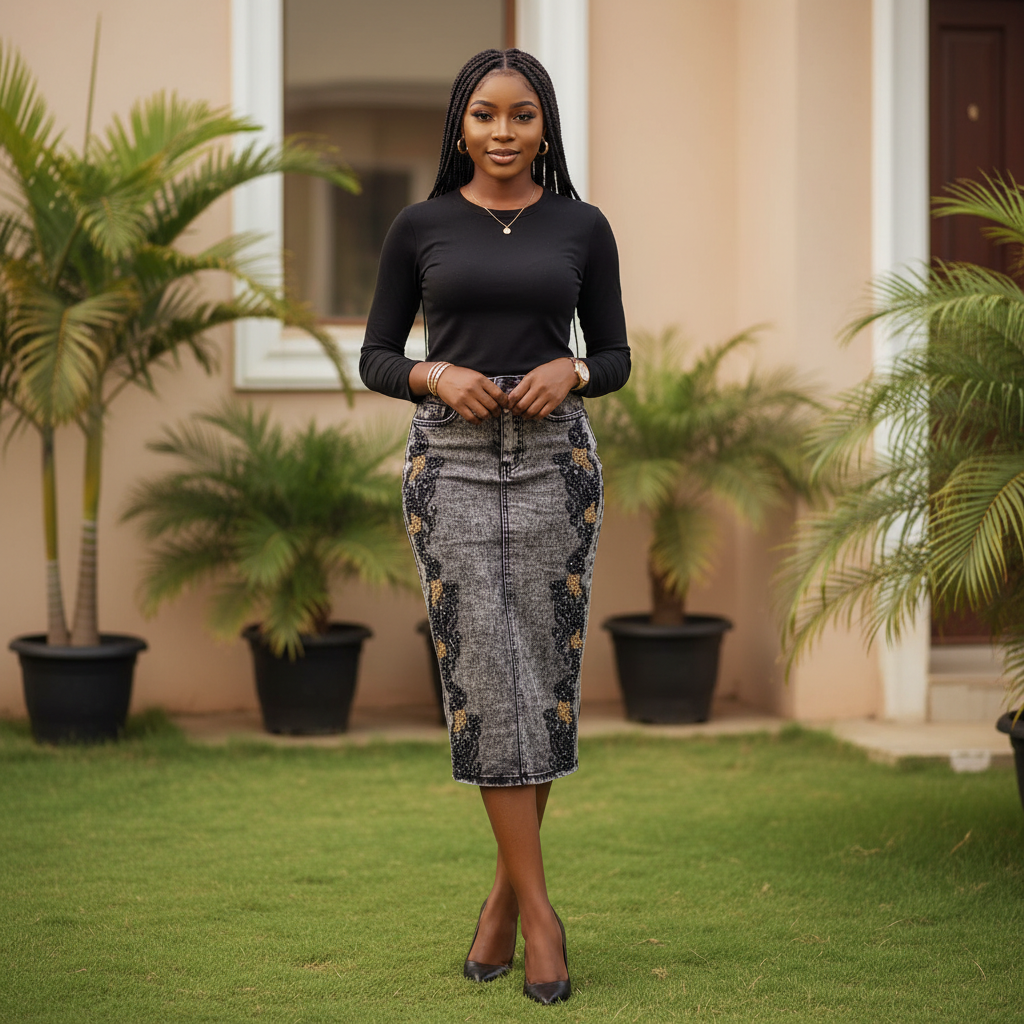Model Shot – Black & Gold Beaded Acid-Wash Denim Midi Skirt