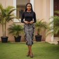 Model Shot – Black & Gold Beaded Acid-Wash Denim Midi Skirt