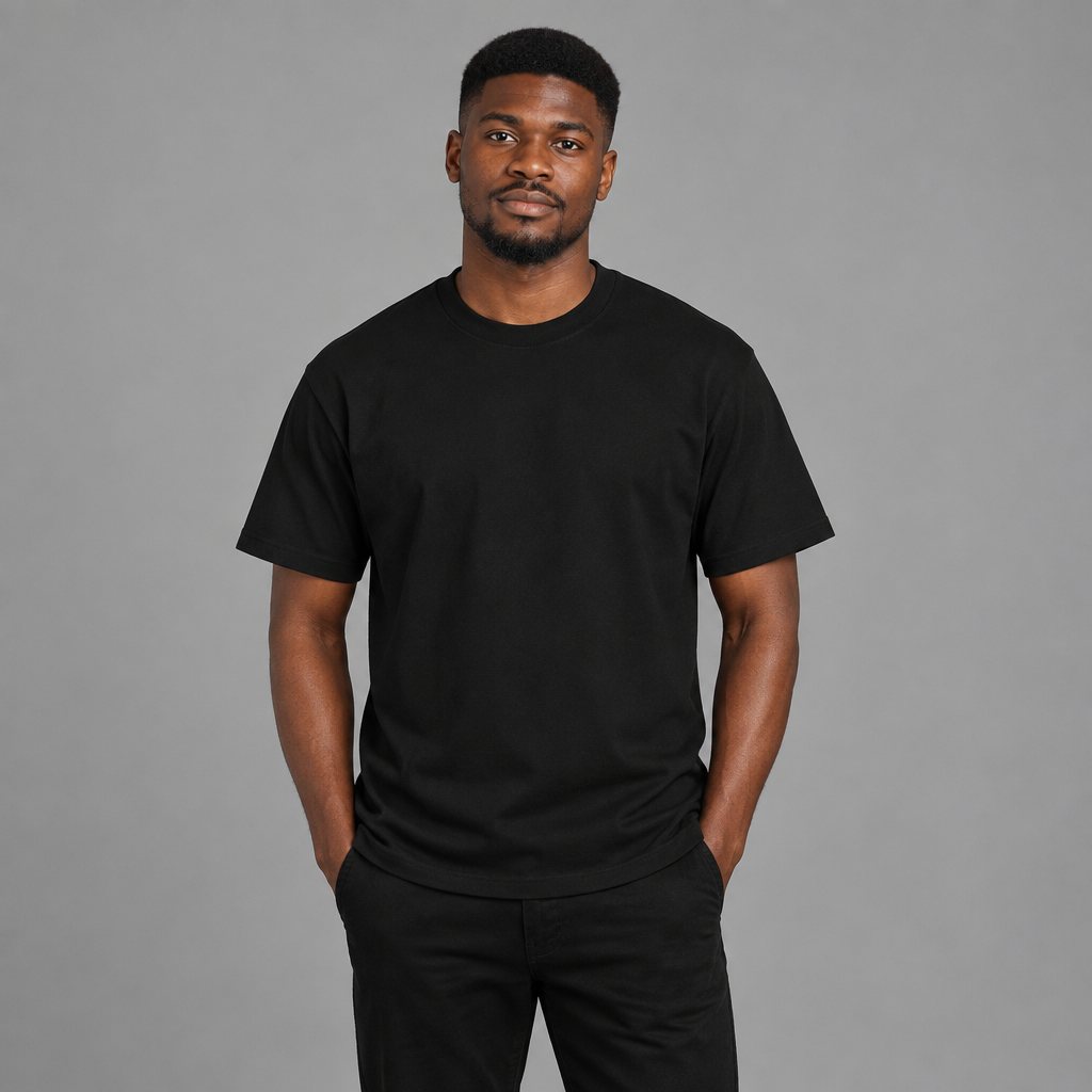 Man wearing plain black crew-neck T-shirt