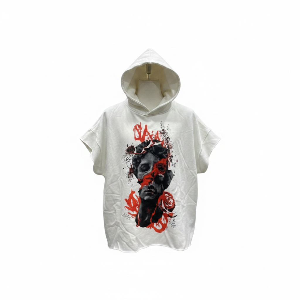 Flame Skull Graphic Hoodie White – Front Ghost Mannequin