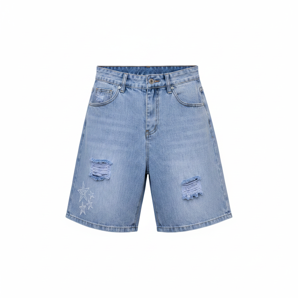 Men's Light Blue Star Embroidery Distressed Denim Shorts – Ghost Mannequin Front View