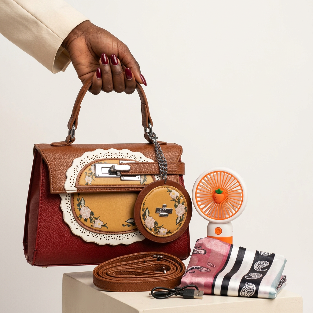 Floral handbag held by a Black woman's hand with burgundy nails, with matching set accessories