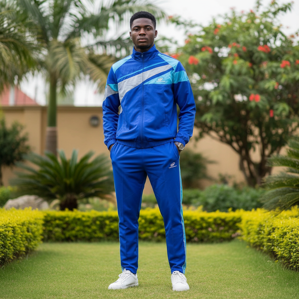 Nigerian male model wearing men's royal blue colour-block tracksuit set