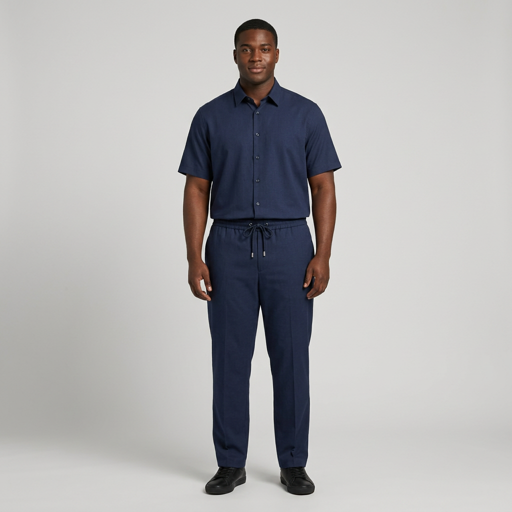 Nigerian man wearing navy button-up shirt and drawstring trouser set