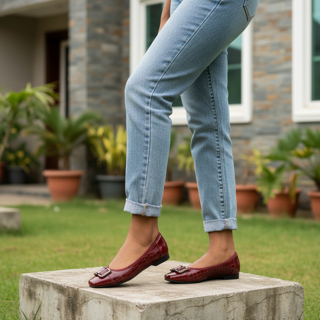 Nigerian model wearing wine red croc-embossed bold buckle square-toe ballet flats - both feet styled
