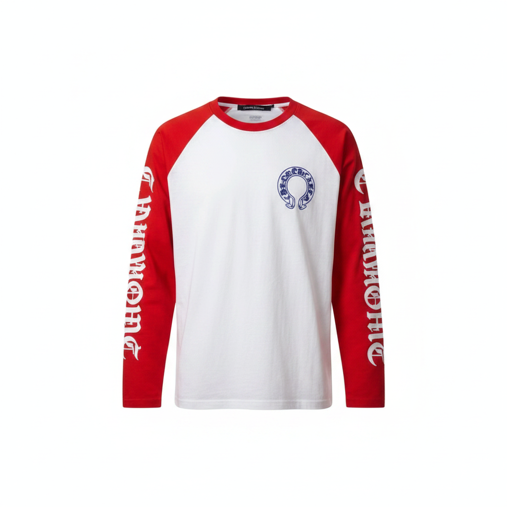 Men's white red raglan gothic print long sleeve shirt ghost mannequin front view