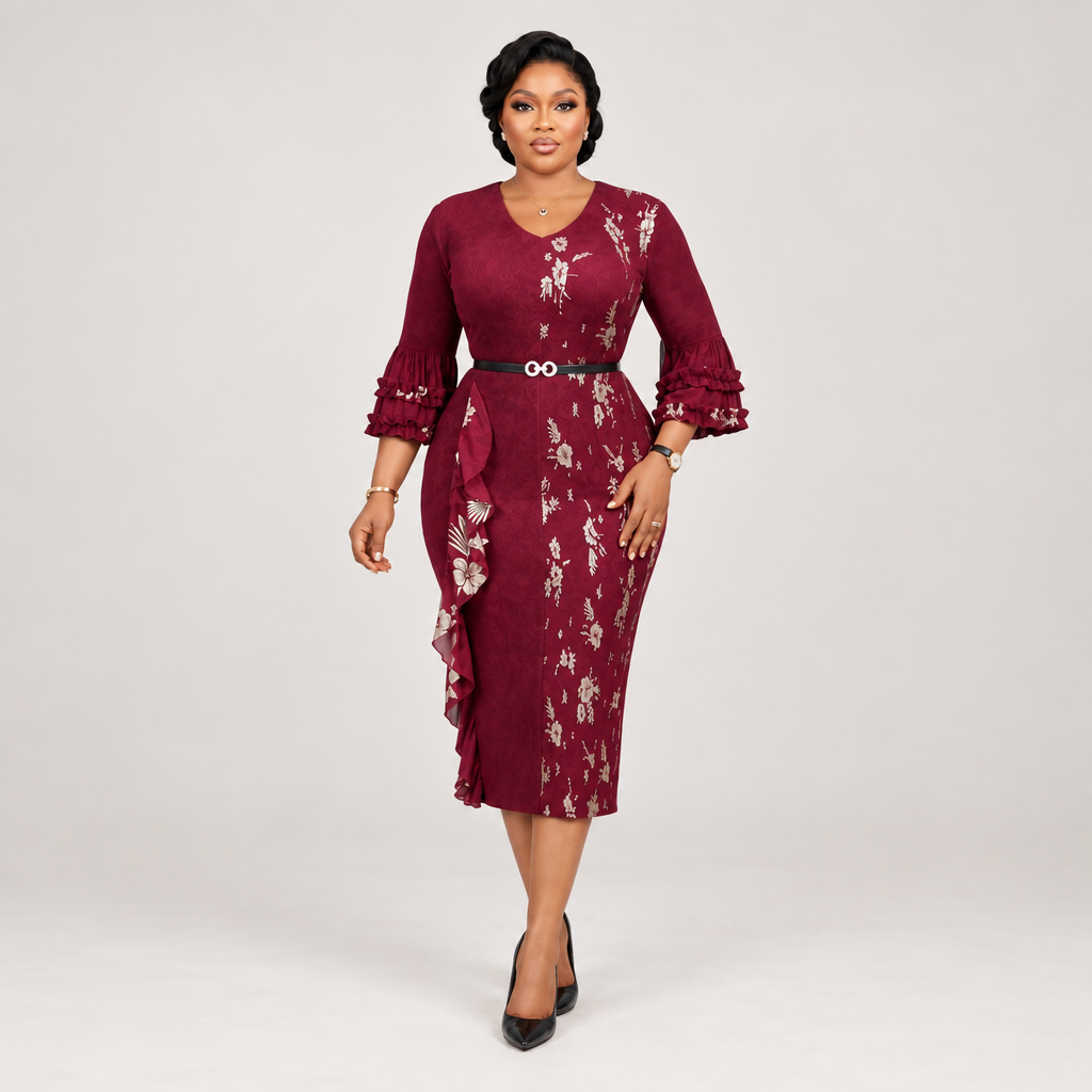 Black Nigerian model wearing a burgundy floral midi gown with ruffle sleeves and a belted waist