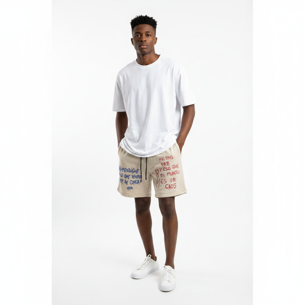 Graffiti Text Drawstring Shorts Cream – Model Shot