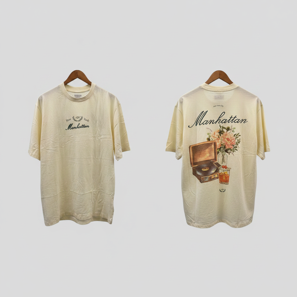 Cream New York Manhattan graphic oversized tee ghost mannequin front and back view