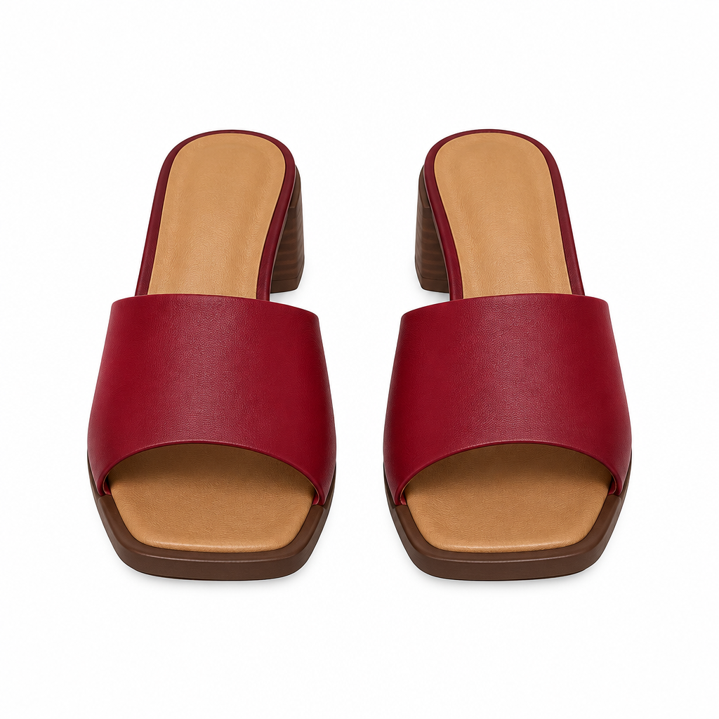 Burgundy block heel slide sandals with a wide single strap and brown stacked heel, full pair shown from the front