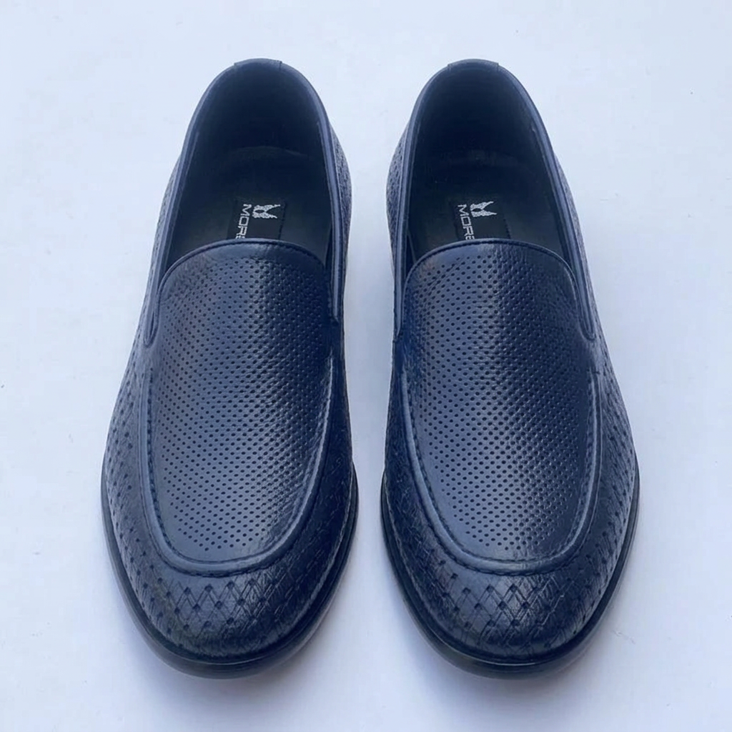 Straight-on navy perforated loafers with woven-effect toe detailing