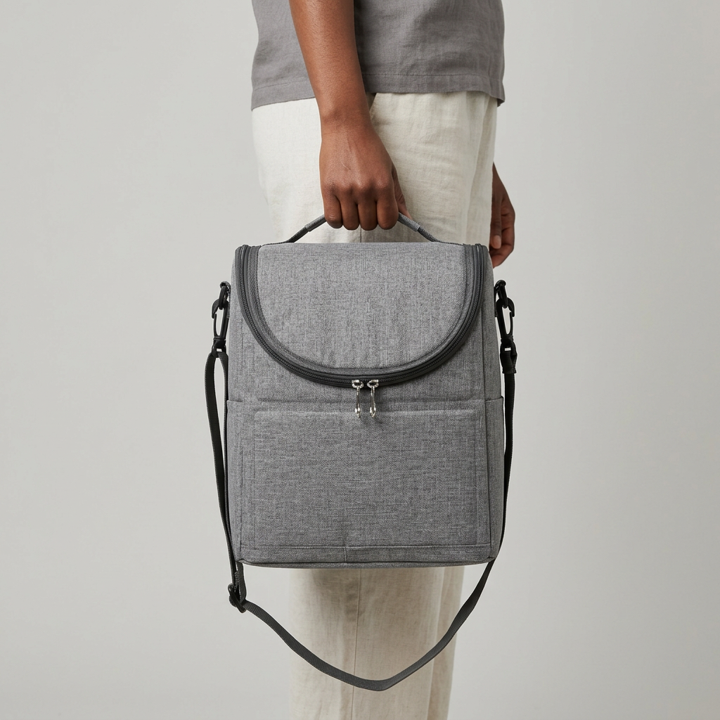 Model holding grey marl carry bag by its top handle