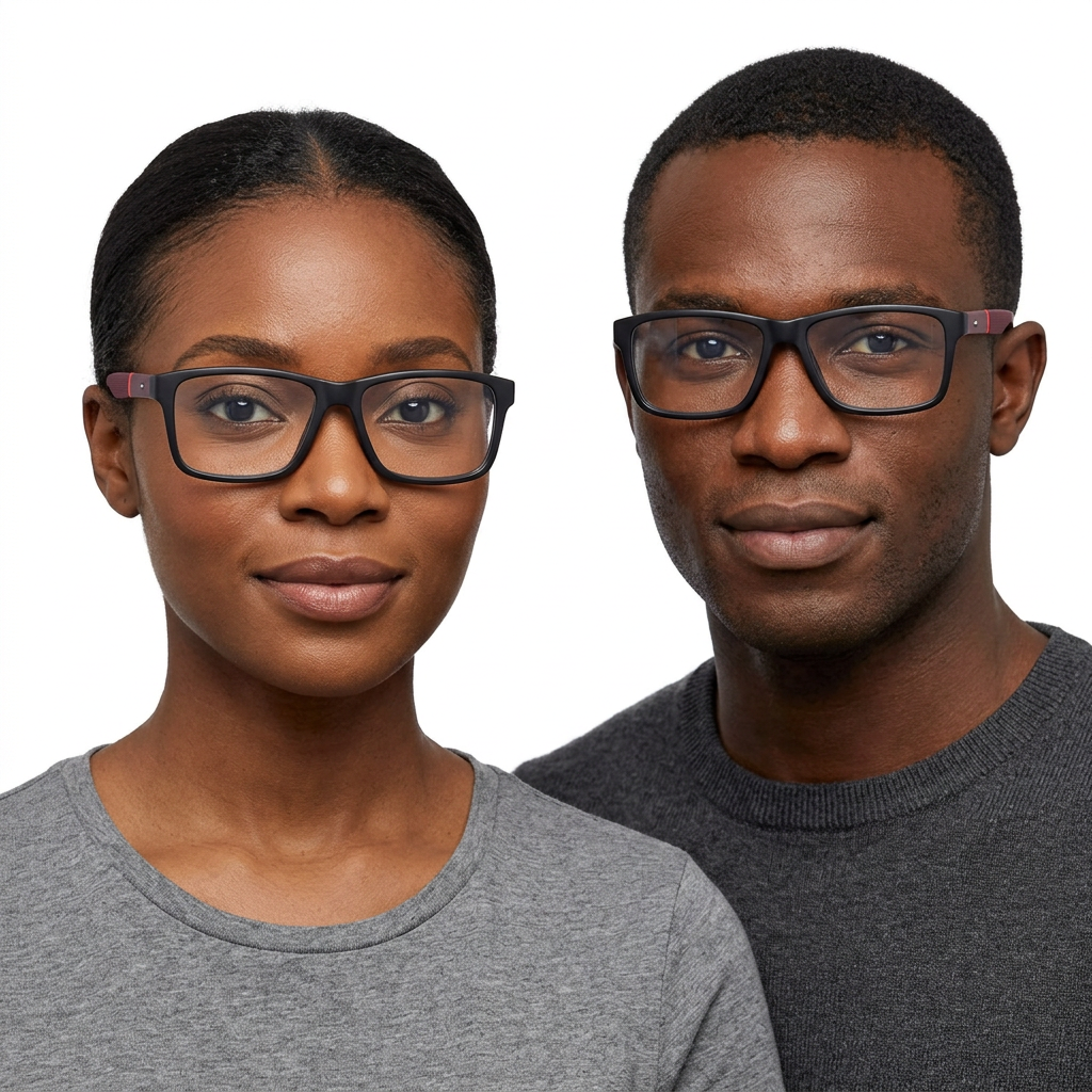 Black adult woman and man wearing black rectangular clear-lens eyeglasses with burgundy arms