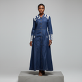 Dark Blue Denim Maxi Dress with Lace Trim - Model Front
