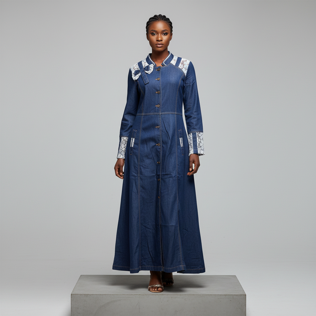 Dark Blue Denim Maxi Dress with Lace Trim - Model Front