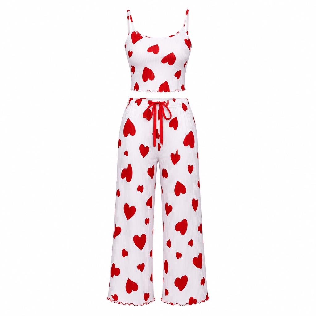 White pajama set with red hearts