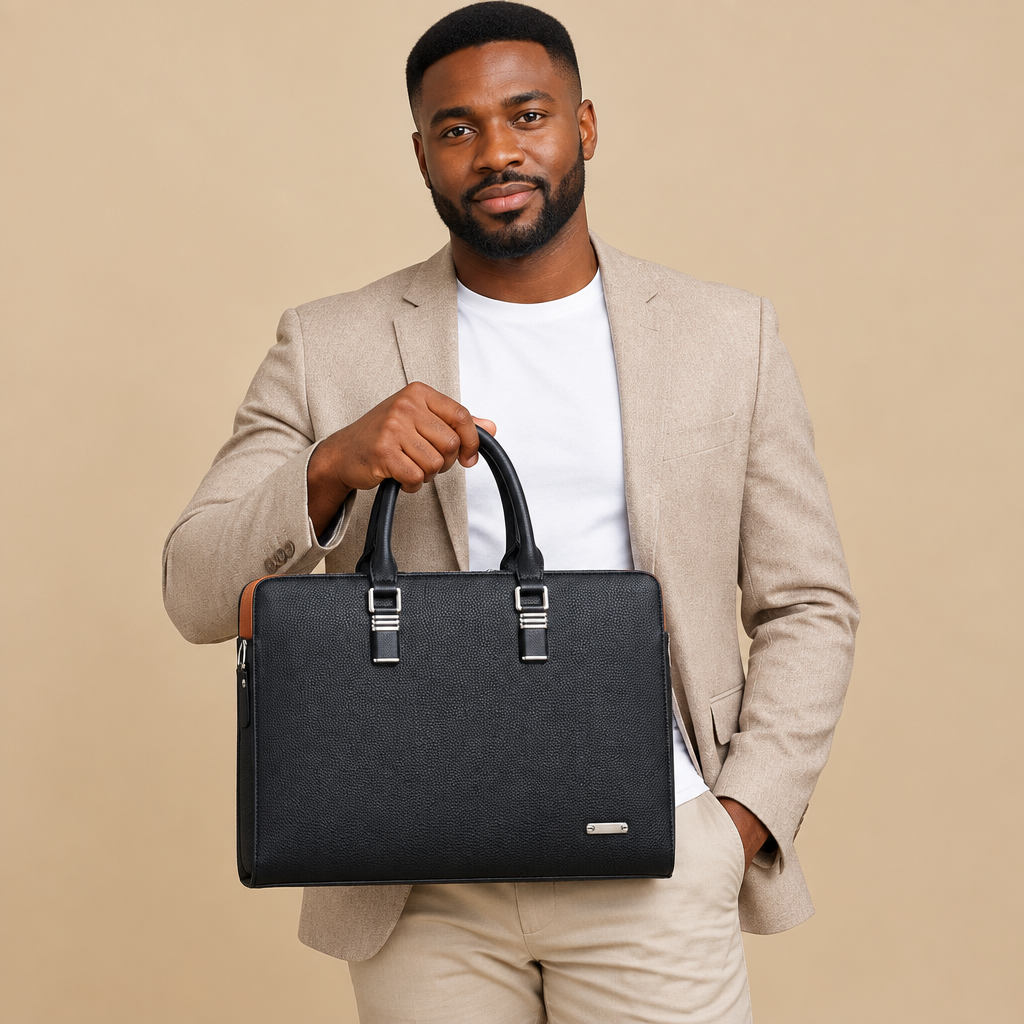 Adult model holding black silver-detail top-handle bag