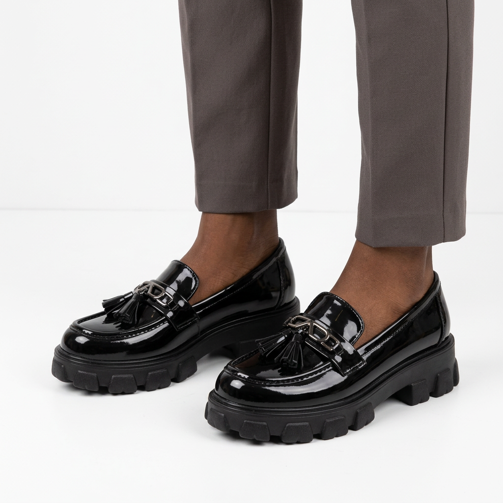 Adult woman wearing black glossy tassel chunky loafers