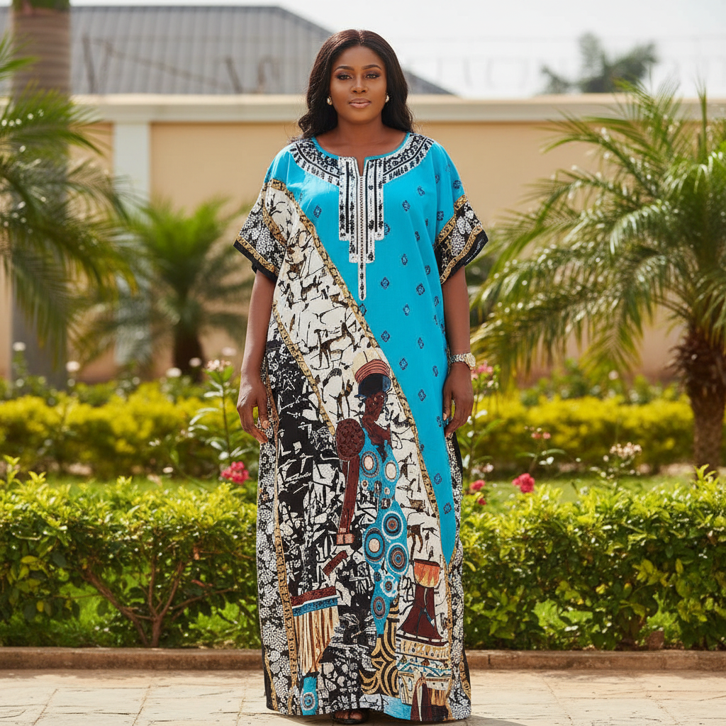 Nigerian female model wearing turquoise panel novelty print bubu kaftan in garden setting