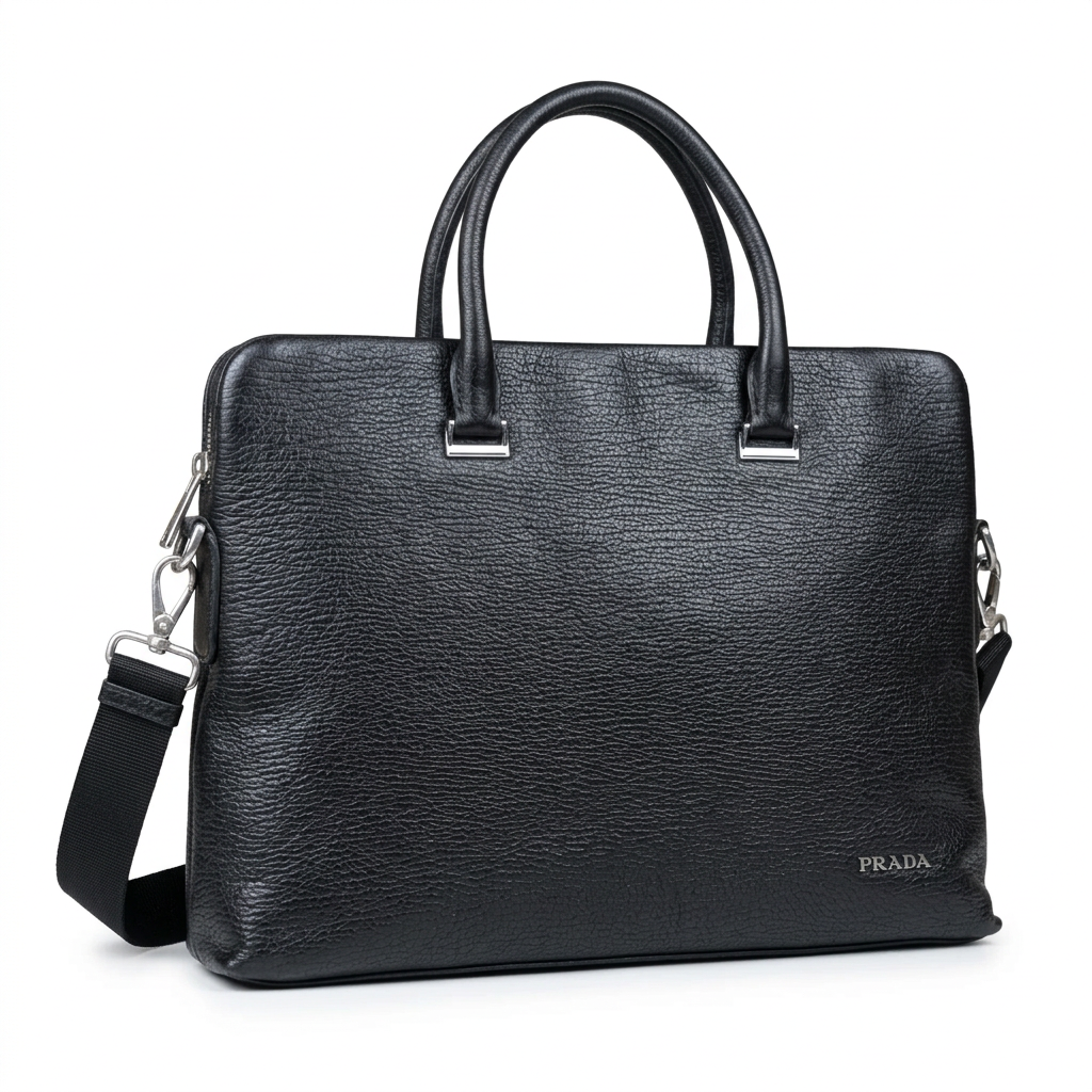 Upright black textured laptop bag with naturally filled shape and rolled handles on white