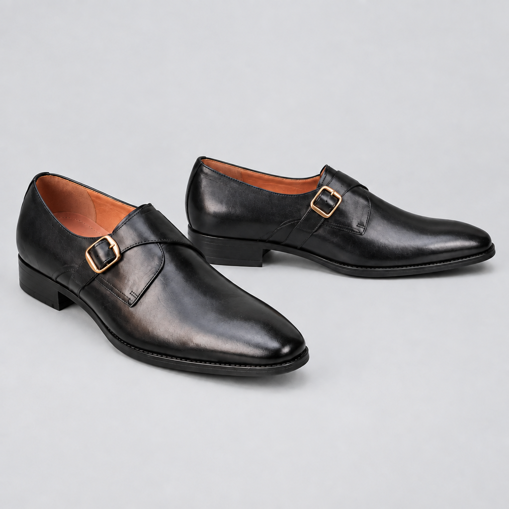 Men's black single monk strap dress shoes, front and side view