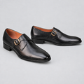 Men's black single monk strap dress shoes, front and side view