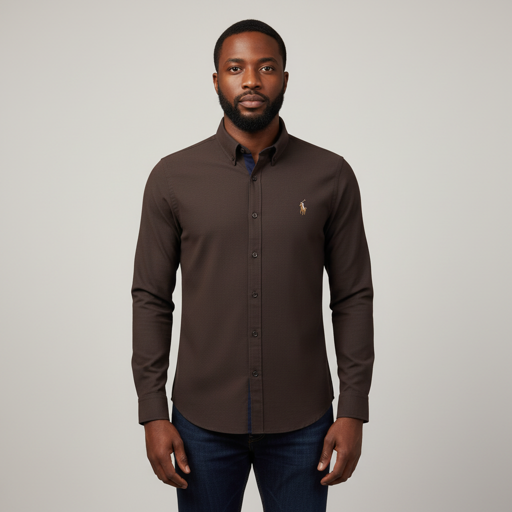 Nigerian adult male model wearing Dark Brown Long Sleeve Shirt – Front View