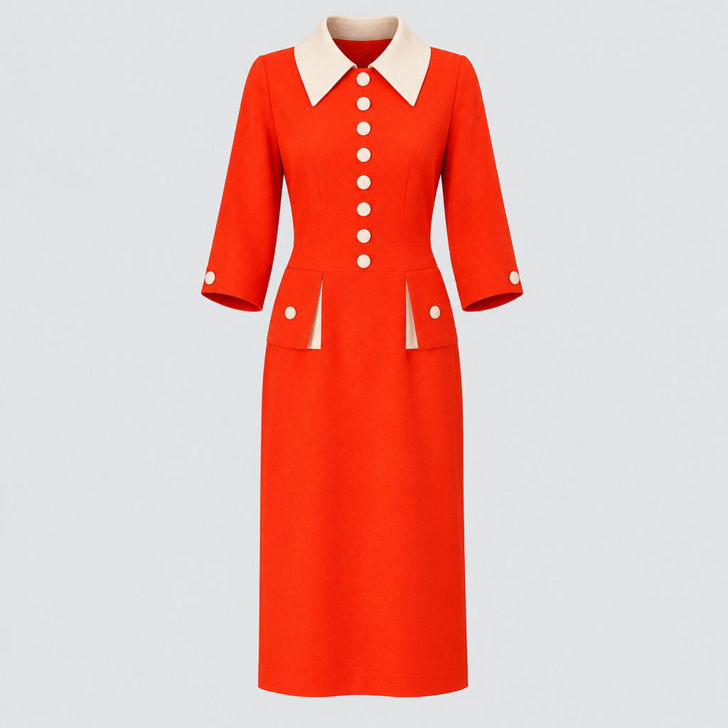 Orange-red midi dress with cream pointed collar and buttons