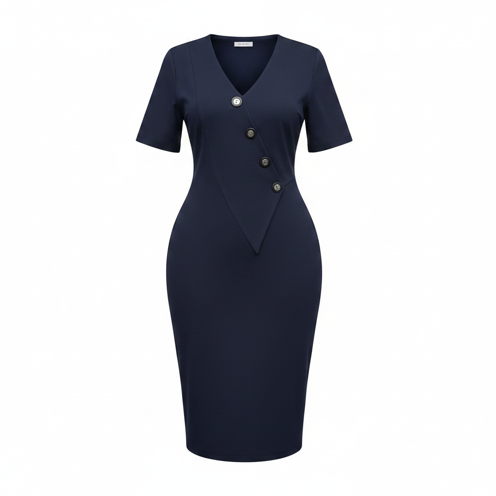 Ghost mannequin view of women's navy blue asymmetric button placket bodycon midi dress