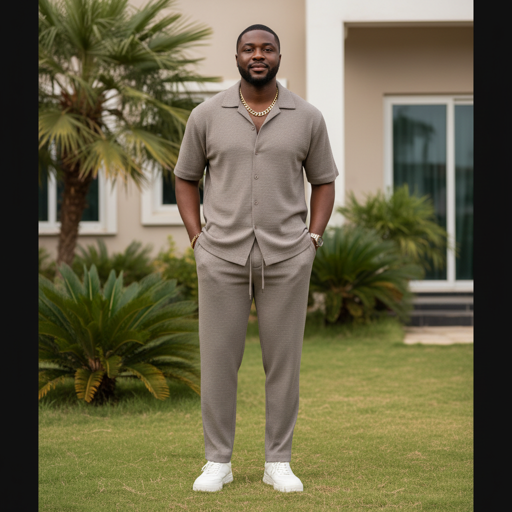 Nigerian male model wearing stone greige matching co-ord set outdoors