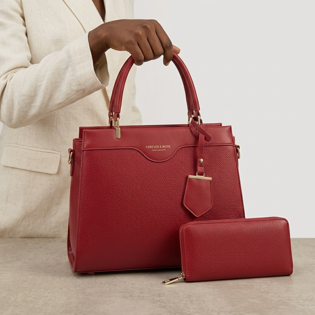 AI-generated hand-focused lifestyle view of a burgundy handbag and matching zip pouch