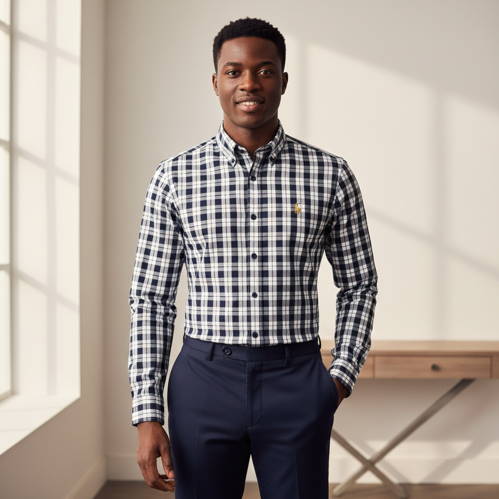 Nigerian model wearing Ralph Polo Black White Large Gingham Check Shirt
