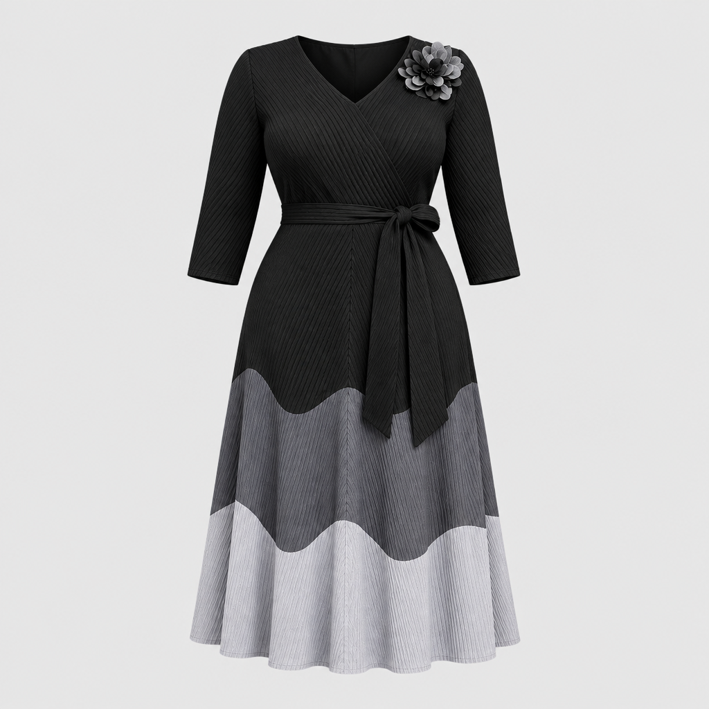 Black and grey colour-block pleated midi dress