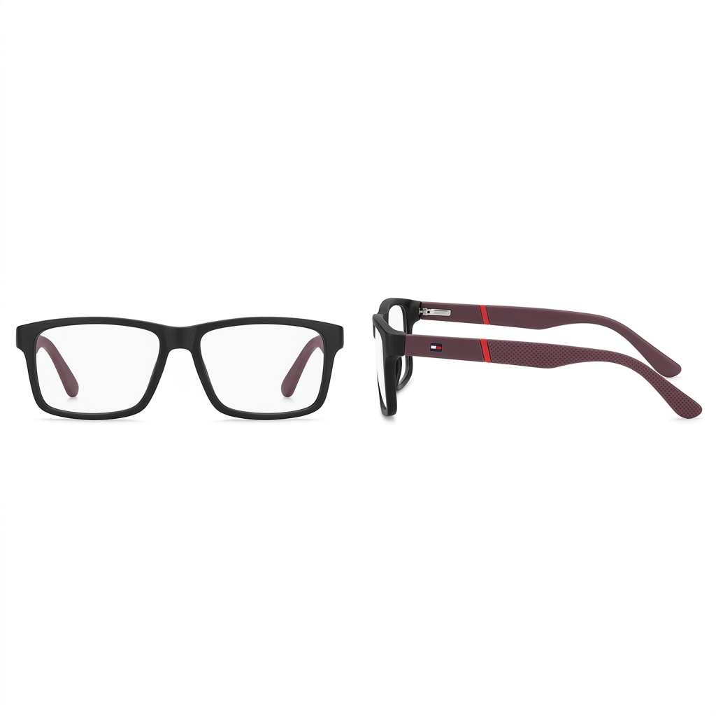 Black rectangular clear-lens eyeglasses with burgundy arms and red accents, front and side views