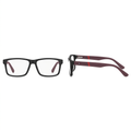 Black rectangular clear-lens eyeglasses with burgundy arms and red accents, front and side views